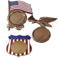 3 Patriotic Metal Medallion Mounts - Flag, Shield, and Eagle - Holds 2" Inserts