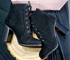 Woman’s Just Fab Magnolia Black Micro Fiber Lace Up Block Heel Boots 5.5 UK