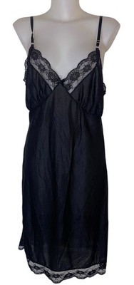 Vtg 90s Womens Black Satin Lace Floral Romantic Whimsigoth Night Slip Dress Sz M