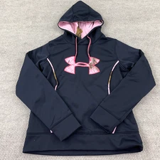 Under Armor Hoodie Women Medium Black Pink Camo Logo Semi Fitted Sweater Hunting