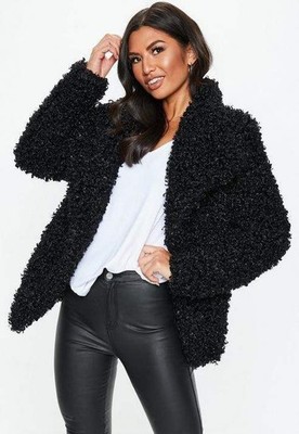NWT Missguided Black Faux Fur Shaggy Waterfall Jacket Coat Size 10 Luxurious New