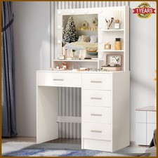 Dressing Table 5 Drawer Makeup Desk Dresser w/Mirror & 10LED Bulbs Bedroom White