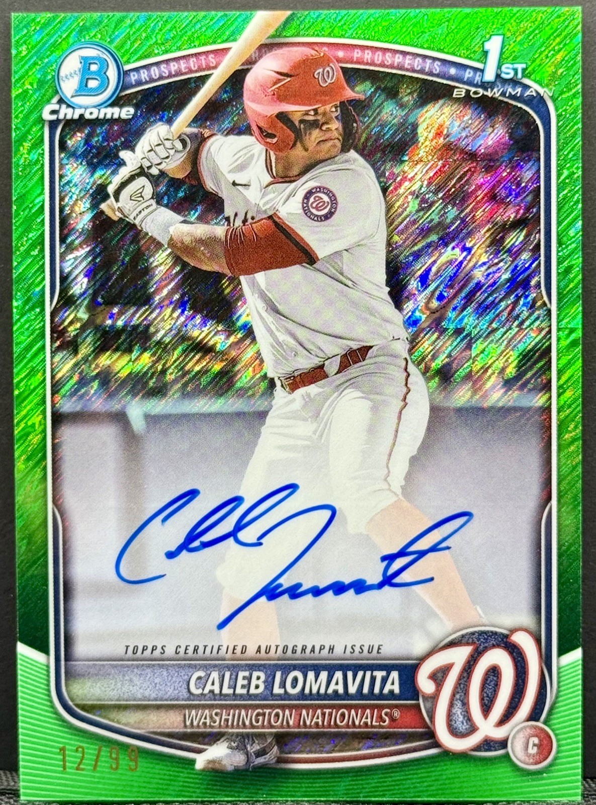 Caleb Lomavita 2025 Bowman Chrome 1st RC #CPA-CLO Green Shimmer Auto /99 SSP RC