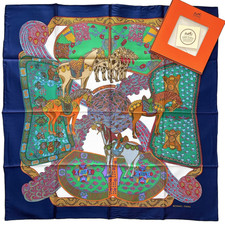 VTG HERMES Carre 90 Silk Scarf "Art des Steppes" by Annie Faivre w/Box Blue Used
