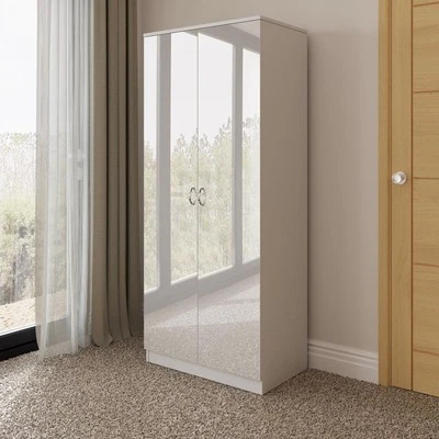FWSTYLE White Gloss Double 2 Door Wardrobe. High Gloss Fronts. Matt Frame. Rail & Shelf.