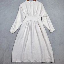 Veiled Midi Dress Women's M/Short Beige Linen Blend Pleated Minimalist Modest