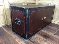 ANTIQUE HAND PAINTED WOODEN TRUNK / MAROON COACH PAINTED LIVERY DECORATION