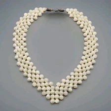 Vtg MOP Shell V-Neck Necklace Bib Ivory White V-Shaped Mother of Pearl Beaded