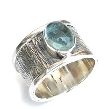 Blue Oval Gemstone Ring Statement Mens Jewelry, Natural Aquamarine Oval Wide