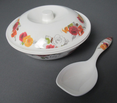 Servewell Serving Bowl w/ Lid & Spoon - 100% Melamine - Roses - India - e6 sb