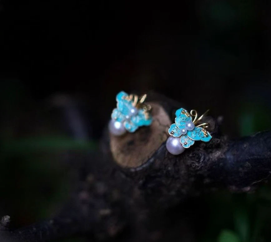 925 Silver Plated Cloisonne Blue Small Butterfly Earrings Tassel Dangle Hook - Image 4 of 4