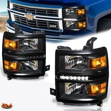For 14-15 Chevy Silverado W/LED DRL Headlight Black Housing Amber Corner Pair