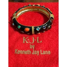 KJL Bangle Black Gold Jeweled Enamel Bangle Bracelet Kenneth Jay Lane 6 3/4