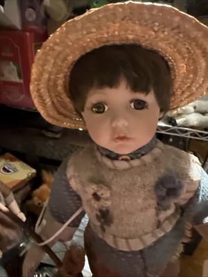 Danny Collectible Porcelain Doll Girl Crochet Hat Striped Dress