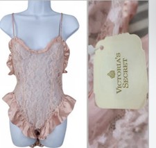 Vintage 1980 Victoria Secret Pink Lace Teddy Body Suit Gold Label Size Small