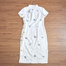 Beige Lace Butterfly Embroidered Qipao Midi Dress - Chinese Cheongsam