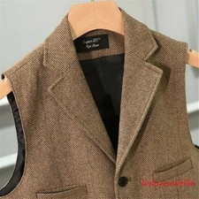 Men Tweed Waistcoat Lapel Herringbone Vest Retro Gilet Formal Suit Top Brown