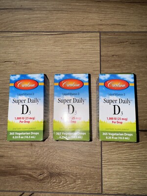 3x Carlson Labs Super Daily D3 1 000 IU 0 35 fl oz 10 3 ml Gluten-Free Exp 09/26