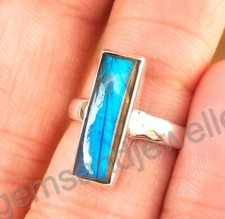 Natural Blue Labradorite Baguette Ring 925 Sterling Silver Handmade Ring For Her