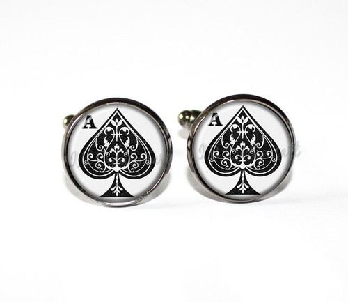 Ace of Spade Design Playing Cards Handmade Cuff Links Round Glass Tile Cufflinks