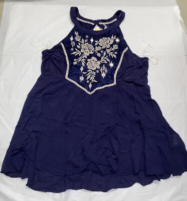 Jolt NWT Medium halter blue top with floral boho embroidered