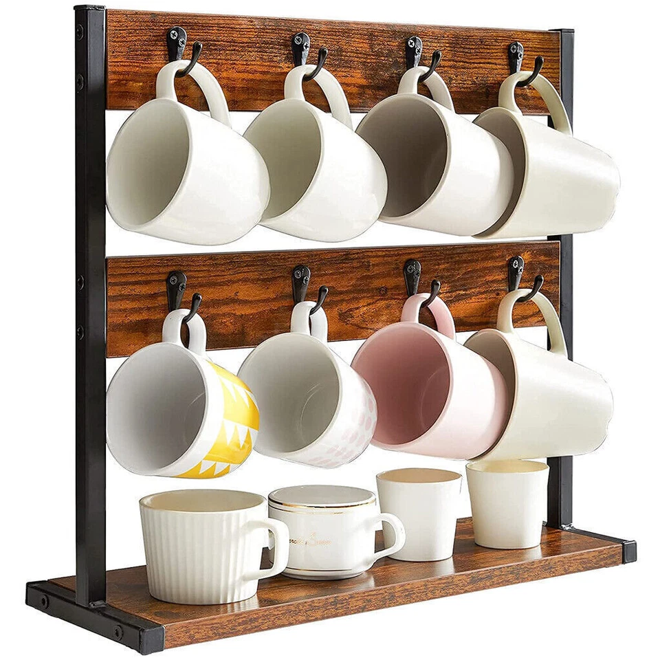2-Tier Coffee Mug Holder Stand Wood &Metal Tabletop Coffee Cup Storage Tree Base - image 2 of 4