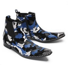 Stivaletto uomo metallo punta pelle alto blu graffiti brogue chelsea 