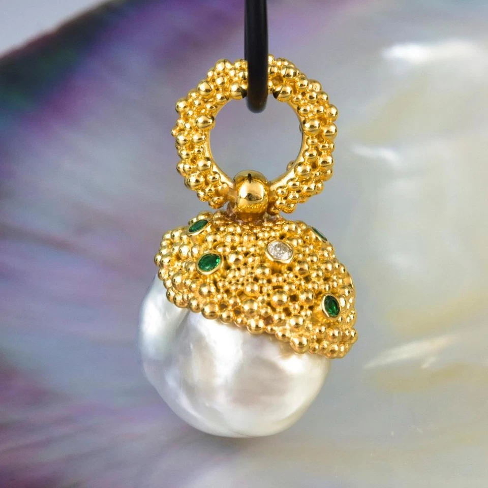 Gigantische South Sea Pearl Pendant Gold Vermeil Sterling, Diamant & Smaragd - Bild 4 von 4