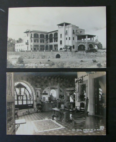 Lot 2 Postkarten RPPC TAXCO Mexiko POSADA DE LA MISION Echtfoto Innenraum um 1940