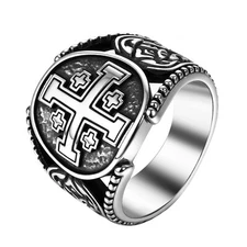 Jerusalem Cross Rings for Men Stainless Steel Christian Hallow Signet Band