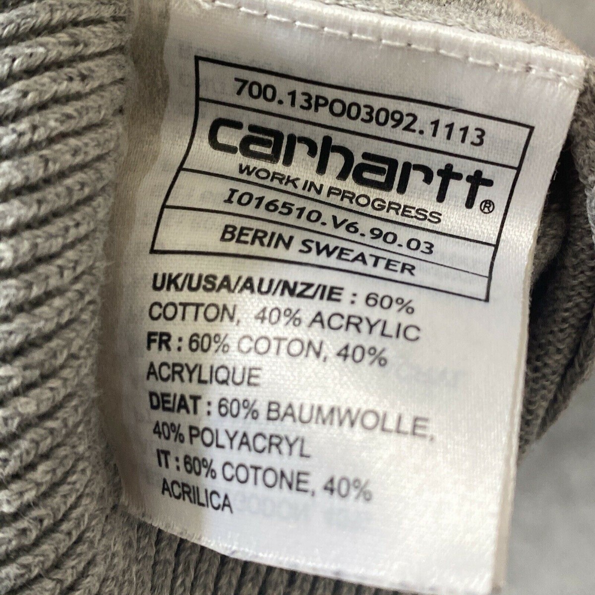 Carhartt WIP Crew Neck Sweater Grey Fine Knit Pocket Detail Men's XL Jumper View 6