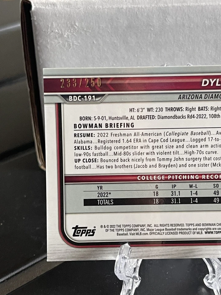 Dylan Ray 2022 Bowman Draft Chrome 1st Purple Refractor 233/250 #BDC-191 - Image 3 of 3