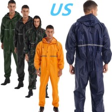 Mens Waterproof Coveralls Rainsuit Long Sleeve Hooded Zipper Jumpsuit Raincoat