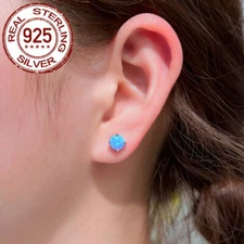 Women Girls Round Mystical Blue Opal Stud Earrings Sterling Silver Jewelry Daily