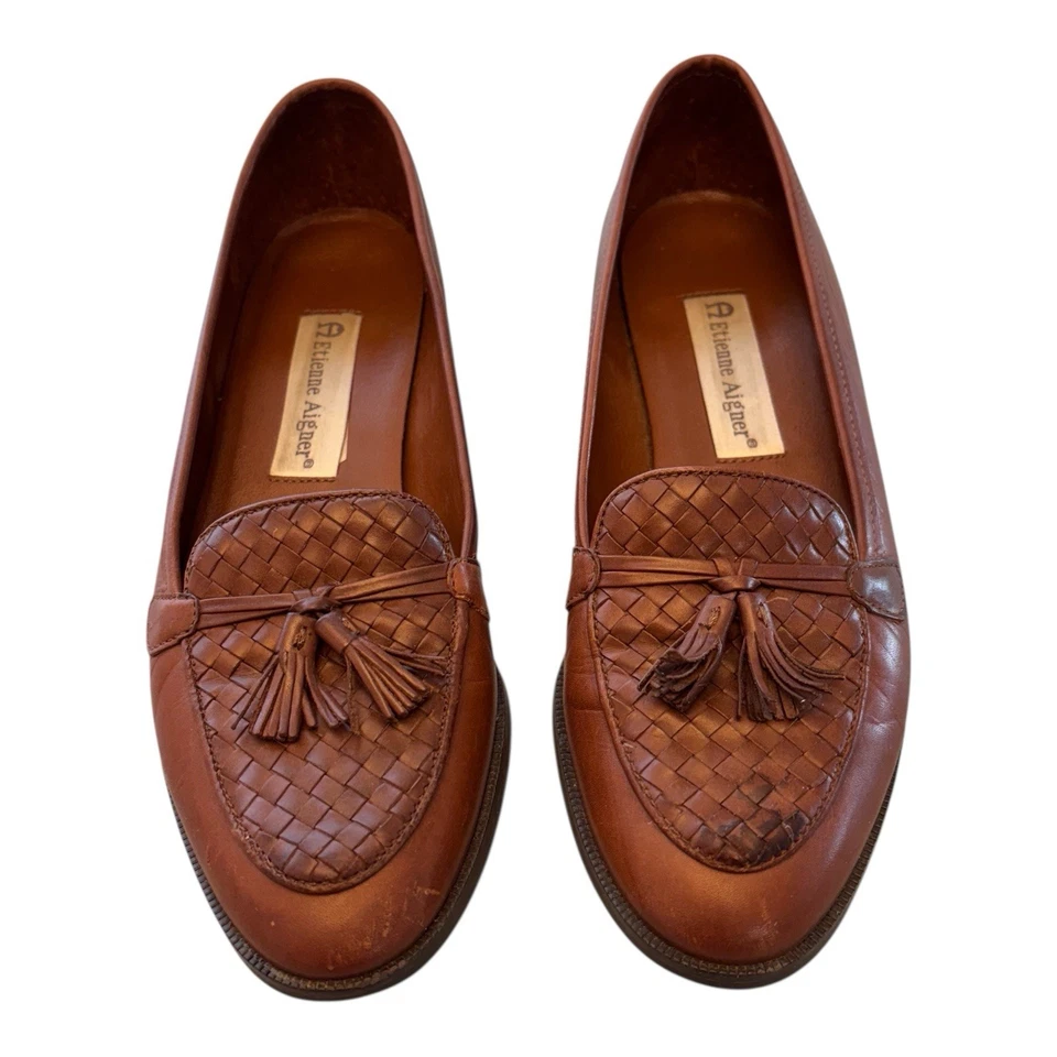 Vintage Etienne Aigner Womens 7 N Tassel Loafers Woven Brown Leather Made Spain - Image 2 of 4