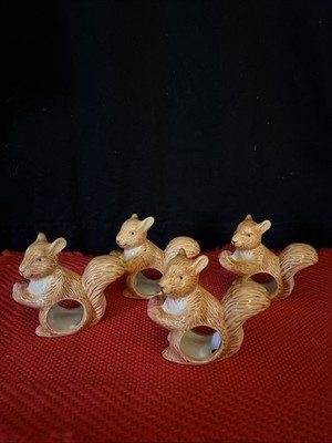Set Of 4 Unique Squirrel With Nit Napkin Ring Holders Ceramic By W.C designs