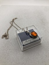 Vintage Sterling Silver Amber Necklace Pendant Chain Boxed Jewellery 925 Vtg