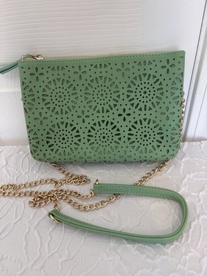 Madison West Mint Green Laser Cut Cross Body Shoulder Bag Gold Chain Strap NWOT