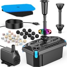 Pond Filter with Fountain Kits, 660GPH Submersible Pond Pump with RGB LED Lig...