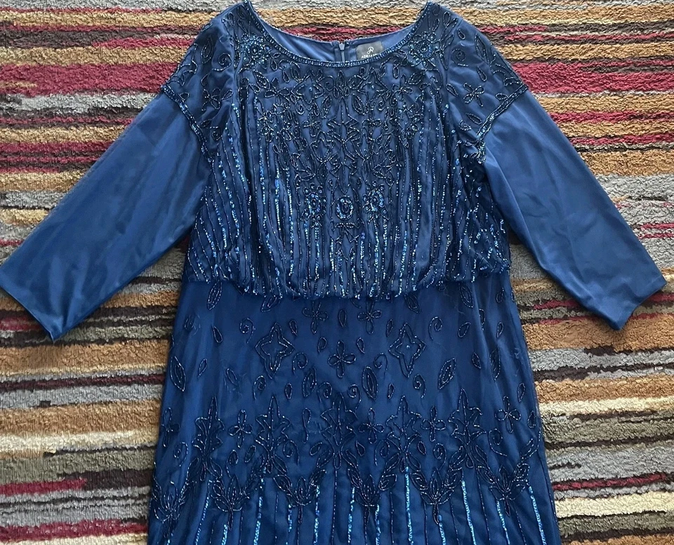 Adrianna Papell Dress Womens 20W Blue Beaded Sequin Gown Evening Formal Maxi - Image 3 of 4