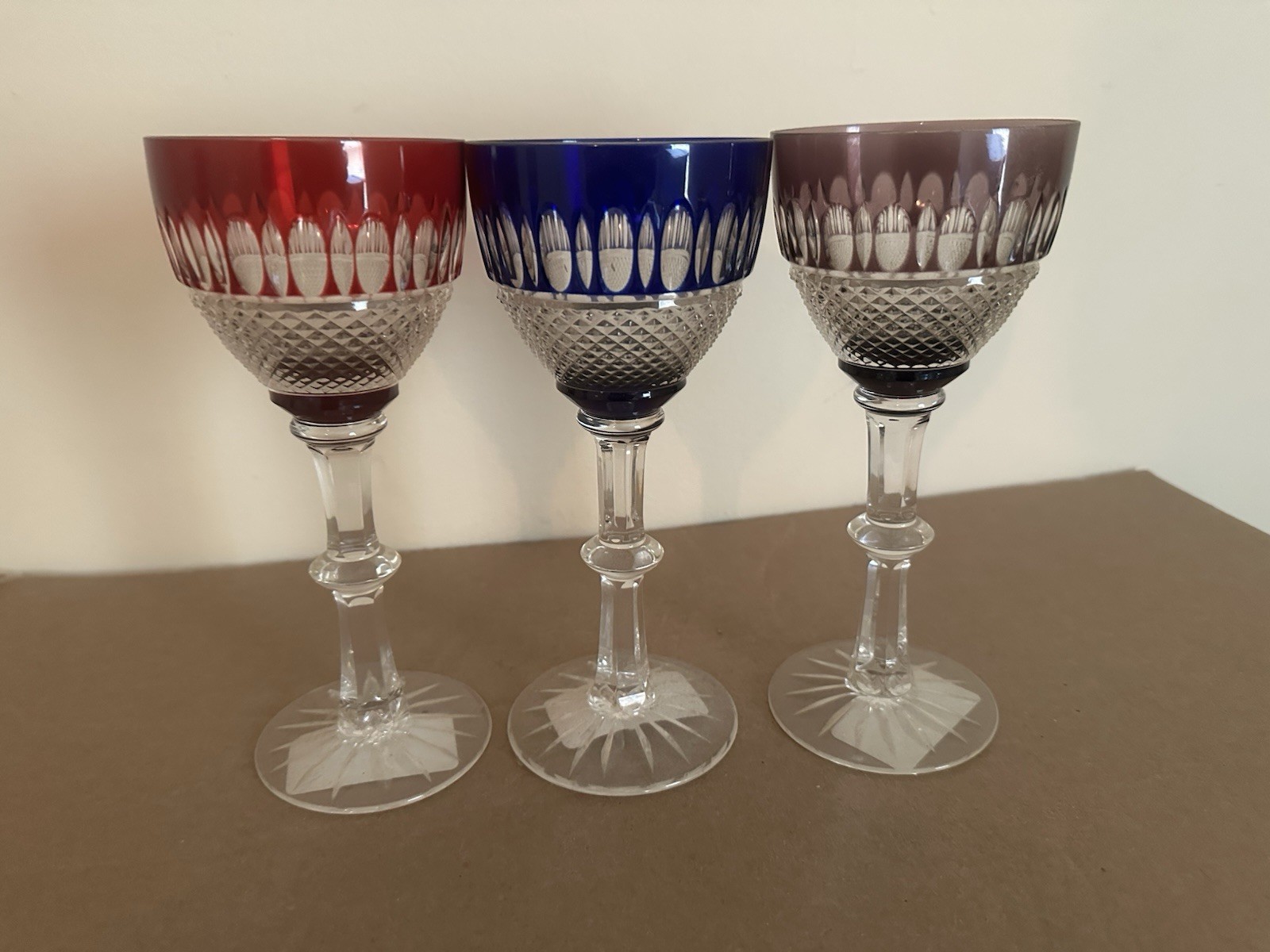 3 Elegant Beautiful cut to clear 8-1/8" wine glasses. Possibly Bohemian great