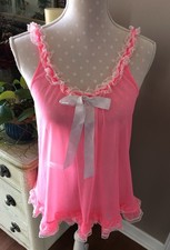 Victoria's Secret Babydoll Nightie Sheer Hot Pink Ruffled Lace Lingerie Small