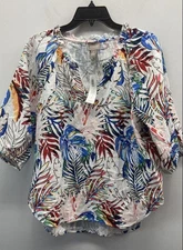 Chico's NWT White Palm Mix Notch Neck Cotton Blouse Womens Size 2 (L)