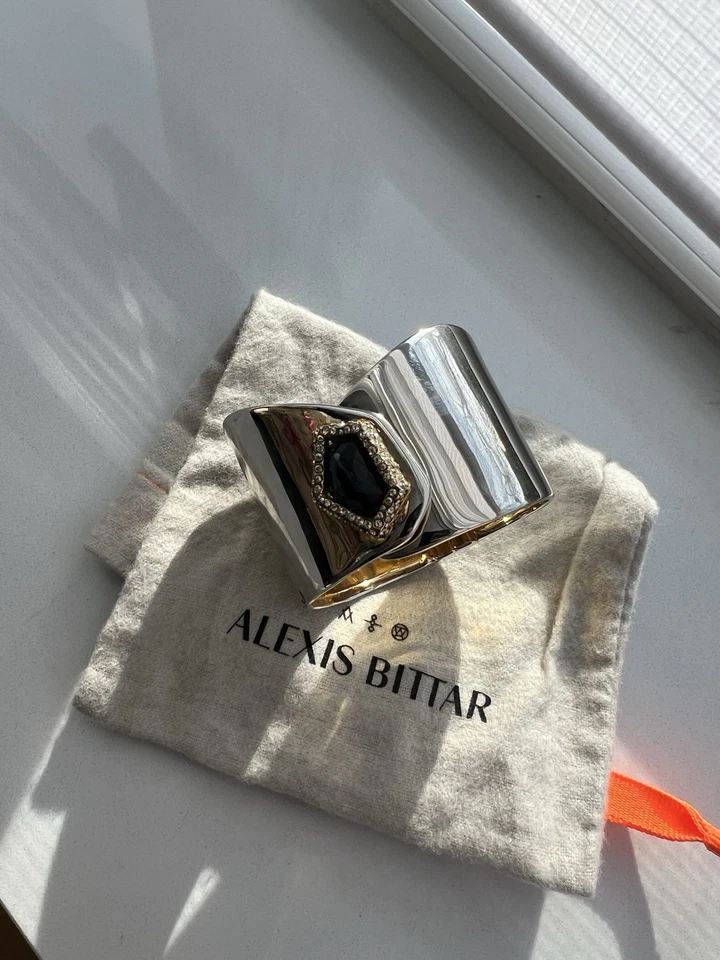 Alexis Bittar Silver Gold Two Tone Crystal Encrusted Black Gemstone Hinge Cuff.