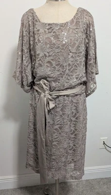 Jessica Howard Taupe Sequin Dolman Sleeve Belted Dress Sz 18w Lace Overlay - Image 1 of 4