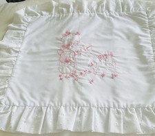White Pillow Case/Sham with Pink Embroidered Design of a Girl and a Fawn Vintage