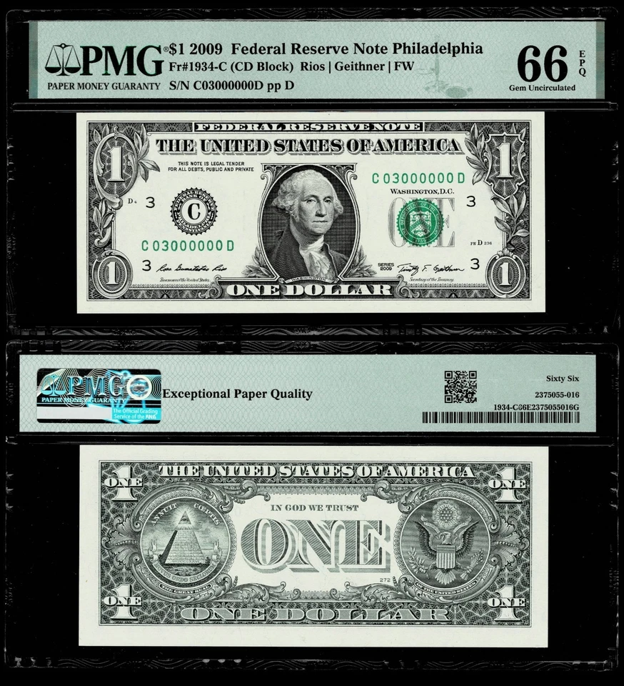 Fancy Serial Number 03000000 $1 Dollar Bill 2009 FRN PMG GEM UNC 66 EPQ - Image 2 of 2