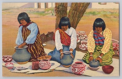Postcard Pueblo Indians Women Making Pottery Native American Art Unposted Linen