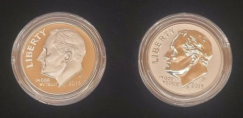 2015 W & 2015 P Roosevelt Dime, Proof & Reverse Proof, Silver 90% In OGP Capsule