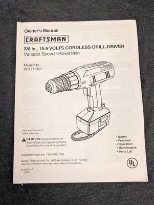 #ad #ad Craftsman 3 8 in 15.6V Cordless Drill Driver 973.111361 Owner#x27;s Manual $16.00